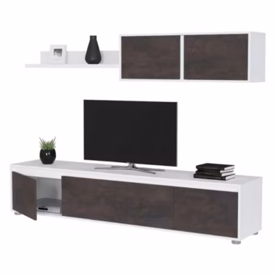 Système mural Savannah, meuble TV meuble de salon, Ensemble de salon avec élément mural, 200x41h43 cm, Blanc et Oxyde