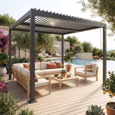 Pergola bioclimatique anthracite. aluminium et acier. 3x3m. lames orientables