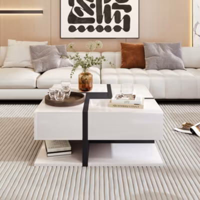Table basse laquee avec 4 tiroirs design unique en lignes et couleurs rangement inferieur dimensions 78 x 78 x 36 cm