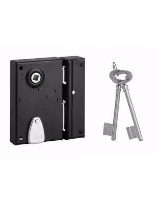 Serrure en applique à clé à fouillot pour porte int., droite, têt. affl., carré 7mm, axe 40mm, 110x70mm, noir, 1 clé – THIRARD