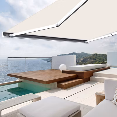 Store banne coffre intégral 2,5 x 2 m motorisé et manuel extérieur pour terrasse – Ecru – Sunny Inch