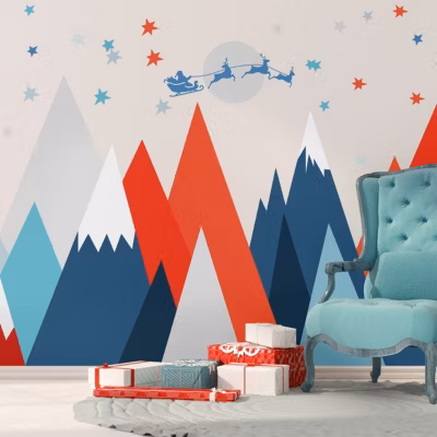 Stickers montagnes scandinaves rennes et père Noël 100 x 150 cm
