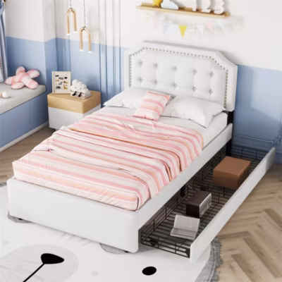 Lit rembourré 90×200 cm, lit plat avec clous décoratifs, tiroirs doubles, beige clair, sans matelas.