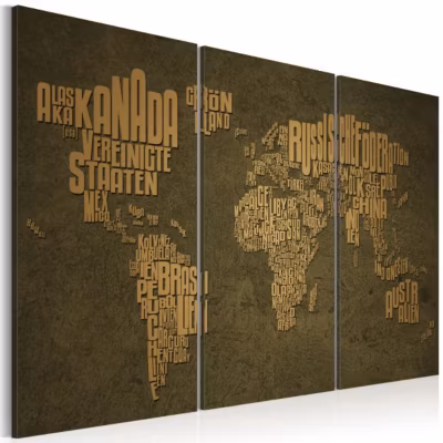 Tableau Cartes du monde Carte du monde en allemand: continents beiges – triptyque 60×40 cm