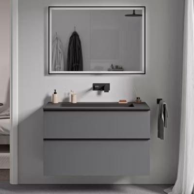 Meuble vasque suspendu MDF Anthracite mat, lavabo fonte Noir mat sans trou robinet, poignée Chrome – 100x46x62cm – LAVOA