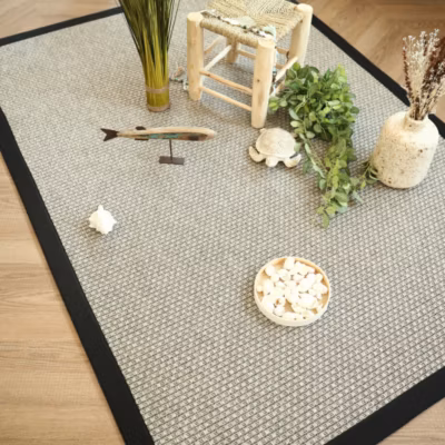 Tapis intérieur / extérieur – Natté Sumatra silver – Ganse noire – 80 x 150 cm