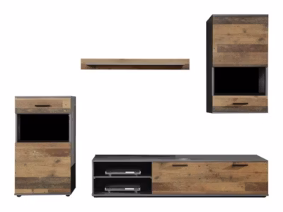 Meuble salon/séjour en mélaminé. Meuble TV (max 50 pouces) avec de l&rsquo;espace de rangement. L-H-P : 246 – 182 – 37 cm
