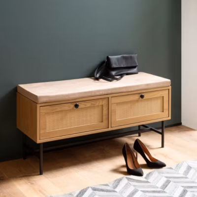 Banc à Chaussures 100 cm Rembourré Décor Chêne Tiroirs Rotin Moderne FineBuy