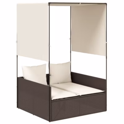 Chaise longue double avec toit et rideaux marron résine tressée vidaXL