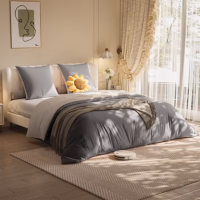 Parure de lit 4 pièces en Polyester, 160 x 200 cm, motif à carreaux esthétique en coton,  résistante aux Plis , Gris
