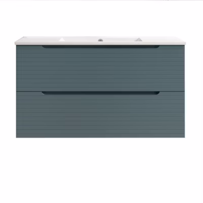Meuble de salle de bain avec vasque BOREAL 100×45 cm finition BLEU OCÉAN mat 2 tiroirs suspendus Kibath