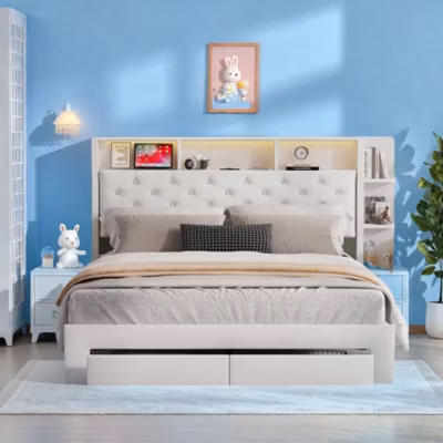 Lit double 140×200 cm tapissé en velours blanc avec tiroirs de rangement, LED réglable et port USB intégré