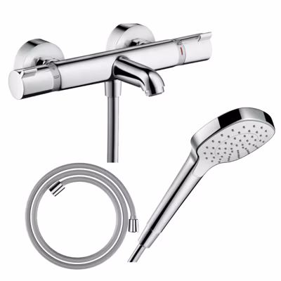 Pack mitigeur bain thermostatique HANSGROHE Ecostat Comfort + Flexible Designflex 1,6m + Pommeau Croma Select E EcoSmart chromé