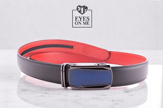Ceinture en cuir Zwart + rouge sans trous avec boucle automatique pour homme (modèle L132)