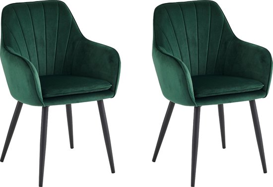 Colenis® – Chaise de salle à manger Melissa – Set de 2 – Vert – Velours – Velours – Industriel – Avec accoudoir