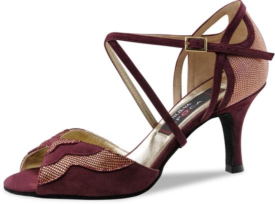 Chaussures de danse Nueva Epoca Catalina pour femmes, Latin, salsa, Tango argentin – Daim rouge bordeaux à paillettes dorées – Semelles en daim – Bout ouvert – Talons de danse – Nueva Epoca – Bordeaux – 36