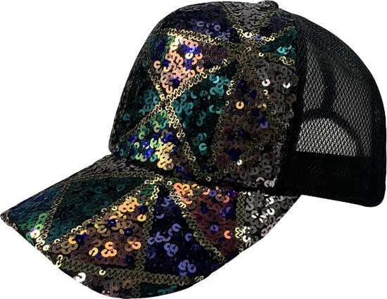 Casquette Femme – Casquette Trucker à Paillettes Brillantes – Taille unique – Zwart/ Multi