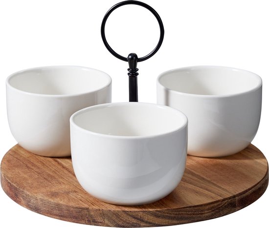 Cookinglife Ensemble de Service 4 pièces – Ensemble de Tapas – Bois d&rsquo;Acacia & Porcelaine – Marron/Blanc – Bols en Porcelaine Lave-vaisselle, Ø 19 cm, 3x Ø 8 cm