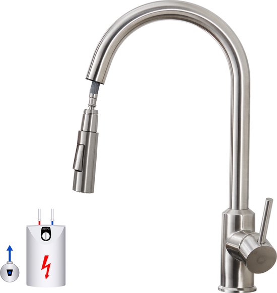 CECIPA – Robinet de cuisine basse pression – Robinet de cuisine – Robinet de cuisine avec bec extractible – Robinet de cuisine pivotant à 360° – Argent
