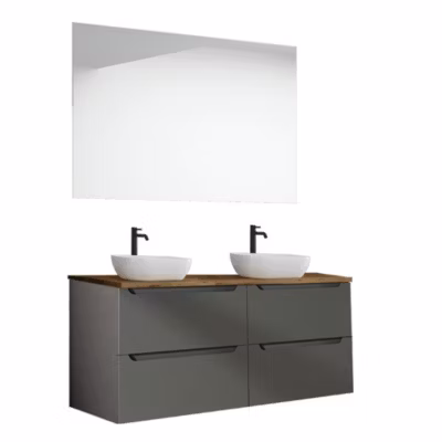 Meuble de salle de bain avec lavabo, miroir et applique LED VICTORIA 120×45 cm finition graphite mat 2 tiroirs suspendus Kibath