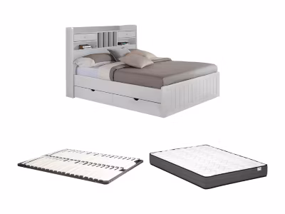 Lit avec rangements 140 x 190 cm – Pin – Blanc + Sommier + Matelas – MEDERICK