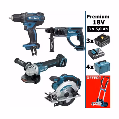 Pack Premium 4 machines 18V 5Ah: DDF482 + DGA504 + DHR202 + DSS610 + 3 batt + 4 MakPac + OFFERT chariot MAKITA