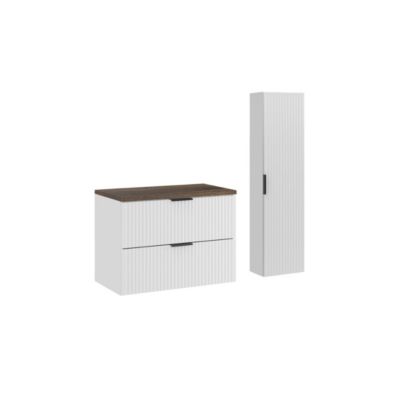 Ensemble de salle de bain NOXERA 80 cm  Meuble sous vasque suspendu blanc avec plan pour vasque effet bois épicéa et colonne