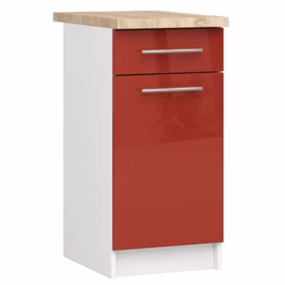 Meuble de cuisine sur pied : 1 tiroir, 1 porte, 2 étagères, blanc / rouge brillant, 40 x 85 x 46 cm