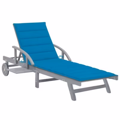 Chaise longue de jardin en bois d&rsquo;acacia solide – vidaXL – Gris – Bleu – Réglable – Avec coussin