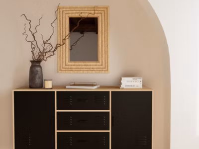 Tribeca – buffet bas – effet bois et métal noir – 3 tiroirs et 2 portes – 140 cm – Best Mobilier