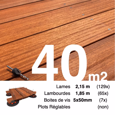 Kit terrasse bois exotique PADOUK pour 40 m², Lames 2,15 m, lambourdes 2,15 m et visserie Inox.