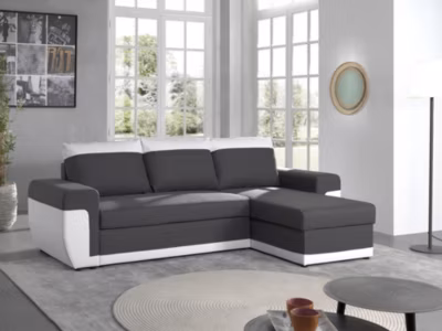 Milan – Canapé d&rsquo;angle réversible – 4 places – Convertible avec coffre – En simili et tissu – Best Mobilier