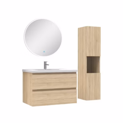 Ensemble meubles simple vasque 80cm,colonne + miroir rond lumineux Chêne Wotan