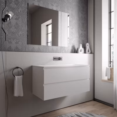 Meuble vasque suspendu MDF Blanc mat, lavabo fonte Blanc mat sans trou robinet – 100x46x50cm – AVA BRUXELLES