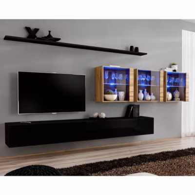 Meuble TV Mural Design « Switch XVII » 340cm Noir & Naturel