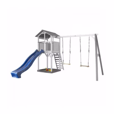 AXI Structure de jeu Beach Tower Gris Blanc avec 2 balancoires et toboggan Bleu