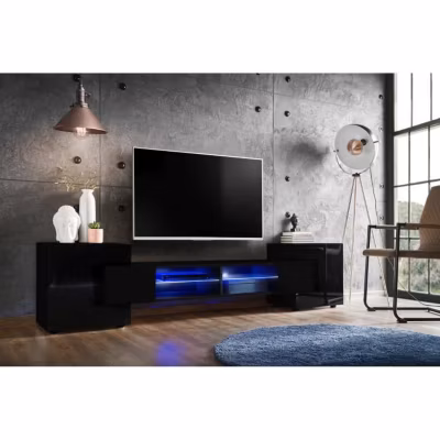 Meuble TV Merano Version 1 Komodee – LED Bleues – Noir Brillant et Noir – 230 x 53 x 35 cm