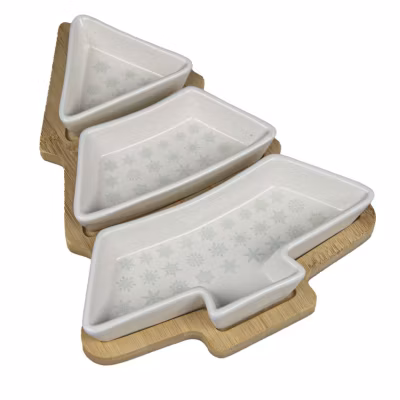 Set apéritif de Noël 3 coupelles avec plateau en bambou en forme de sapin