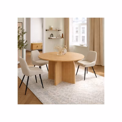 Table à manger fixe japandi ronde EDITH 6 personnes bois effet hêtre 110 cm