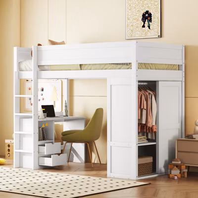 Lit mezzanine 90x200cm, lit enfant polyvalent, équipé d&rsquo;armoire, bureau et tiroirs, échelle, sommier à lattes, pin, blanc