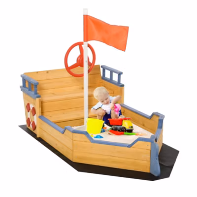 Bac à sable bateau de pirate – banc, coffre rangement, gouvernail, drapeau, bâche – bois sapin pré-huilé