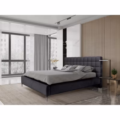 Lit MILLIO  Noir  180×200 cm  Tissu chenille bouclé  Sommier inclus  Confort hôtel 5 étoiles