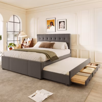 Lit Polster 140x200cm, Lit Familial, Tête Réglable, Grand Rangement, Gris