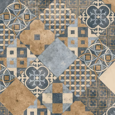 Sol PVC – Carreaux Art Déco – Marron et Bleu Gris – Rouleau de 3m x 13m