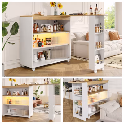 Tables Bar / Îlot de Cuisine Extensible Moderne avec LED Intégrée et Rangement, Solide MDF et Métal, Blanc, 138-204x39x105 cm