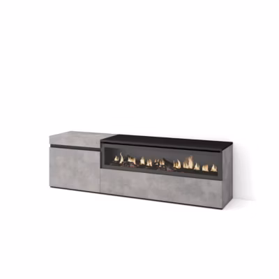 Meuble TV 150x35x45cm feu led sans chaleur couleur gris ciment