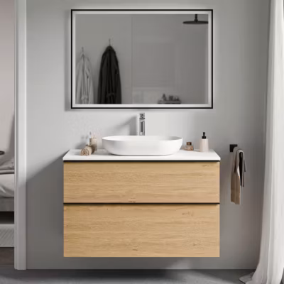 Meuble sous vasque suspendu MDF Chêne miel, plan vasque Blanc mat, poignée Anthracite mat – 100x46x62cm – LAVOA