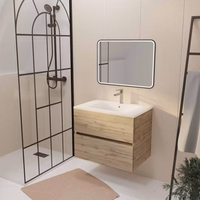 Meuble de salle de bains suspendu 70 TIMBER Décor Chêne 2 tiroirs Vasque blanche et miroir LED 70×50
