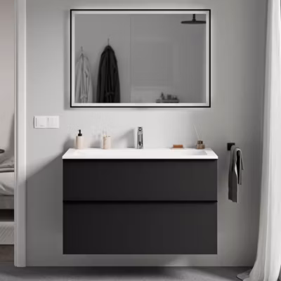 Meuble vasque suspendu MDF Noir mat, lavabo fonte Blanc mat + trou robinet, poignée Noir mat – 100x46x62cm – LAVOA