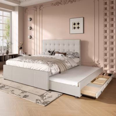 Lit Polster 140x200cm, Grand Rangement, Lit Familial, Tête Réglable, Beige